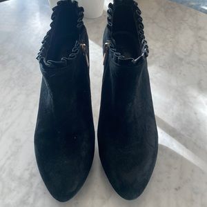 Black suede ruffle bootie